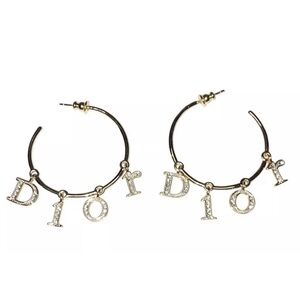 Dior Gold earrings Letter Charm Hoops logo Galliano vintage crystals